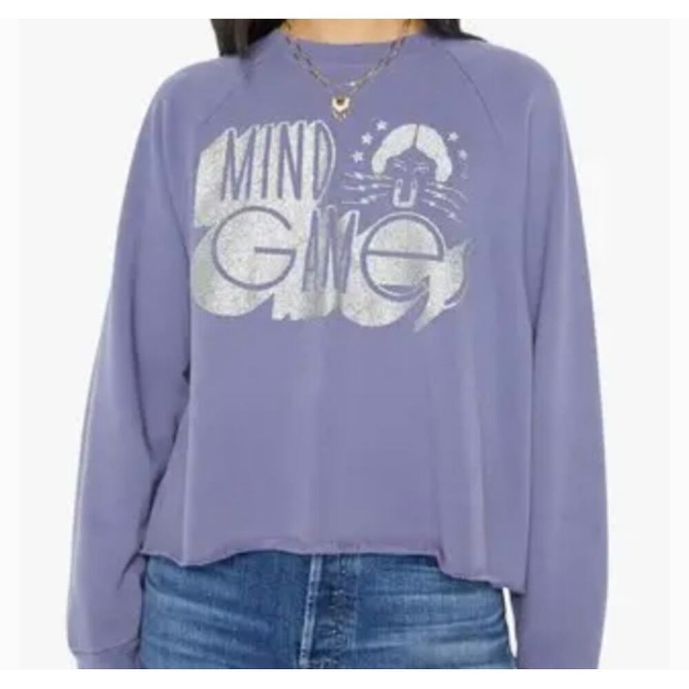 Mother Jeans Mind Games Cropped Sweatshirt Purple Graphic Raw Hem Size L​